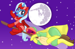 Size: 1920x1242 | Tagged: safe, artist:grapefruit-face, artist:nerdy-pony, trixie, oc, oc:grapefruit face, pony, g4, base used, broom, clothes, cosplay, costume, face paint, flying, happy, looking at you, nightmare night, scarlet witch, screaming, show accurate, vision (marvel), wandavision, waving