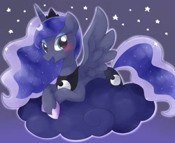Size: 1975x1611 | Tagged: safe, artist:ginmaruxx, princess luna, alicorn, pony, g4, blushing, cloud, cute, female, lunabetes, lying down, lying on a cloud, mare, night, night sky, on a cloud, open mouth, prone, sky, solo, spread wings, stars, wings