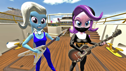 Size: 1600x900 | Tagged: safe, artist:oatmeal!, starlight glimmer, trixie, equestria girls, g4, 3d, bikini, boat, clothes, cosplay, costume, electric guitar, flying v, gmod, guitar, mask, musical instrument, ninja, ninja sex party, nsp, swimsuit