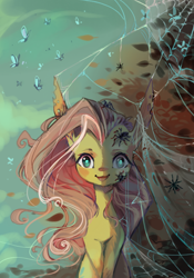 Size: 700x1000 | Tagged: safe, artist:duckjifs246, fluttershy, butterfly, pony, spider, every little thing she does, g4, bust, creepy, female, front view, full face view, leaves, long ears, looking at you, mare, open mouth, open smile, portrait, sitting, smiling, solo, spider web, stray strand