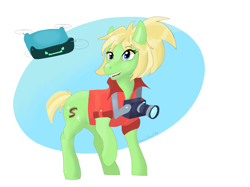 Size: 2732x2048 | Tagged: safe, artist:kim_trikhoof96, oc, oc only, oc:arion, oc:milli, earth pony, pony, robot, camera, clothes, drone, earth pony oc, eponafest, eye clipping through hair, eyebrows, eyebrows visible through hair, female, high res, jacket, mare, open mouth, open smile, original character do not steal, ponytail, raised hoof, simple background, smiling, solo