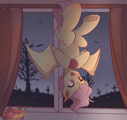 Size: 3238x3057 | Tagged: safe, artist:vetta, fluttershy, bat pony, pony, g4, apple, bat ponified, female, flutterbat, food, frog (hoof), hanging by tail, high res, hoof hold, indoors, looking at something, mare, night, open mouth, prehensile tail, race swap, solo, spread wings, tail, underhoof, upside down, window, wings