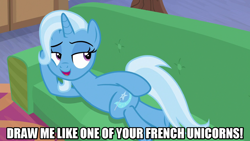 Size: 1280x720 | Tagged: safe, edit, edited screencap, screencap, trixie, pony, unicorn, g4, road to friendship, caption, couch, draw me like one of your french girls, female, image macro, lying down, mare, meme, prone, solo, text