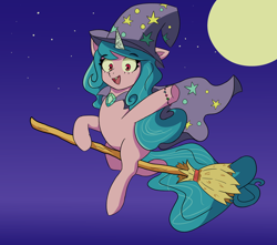 Size: 2258x1998 | Tagged: safe, artist:artiks, izzy moonbow, pony, unicorn, g5, my little pony: a new generation, broom, cape, clothes, female, flying, flying broomstick, hat, mare, moon, solo, stars, trixie's cape, trixie's hat, witch