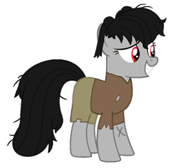 Size: 782x764 | Tagged: safe, artist:pagiepoppie12345, oc, oc only, oc:dark bloomer, earth pony, pony, clothes, hair bun, messy mane, older, pigtails, simple background, smiling, torn clothes, transparent background, vector