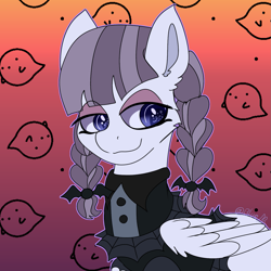 Size: 1439x1439 | Tagged: safe, artist:bluemoon, inky rose, pegasus, pony, g4, honest apple, female, gradient background, halfbody, lidded eyes, looking back, smiling, solo