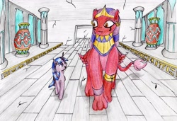 Size: 4407x3018 | Tagged: safe, artist:40kponyguy, derpibooru exclusive, the sphinx, twilight sparkle, alicorn, pony, sphinx, g4, female, happy birthday mlp:fim, headdress, jewelry, looking at each other, mare, mlp fim's eleventh anniversary, talking, tiara, traditional art, twilight sparkle (alicorn), urn