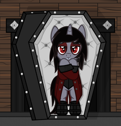 Size: 1644x1705 | Tagged: safe, artist:lightningbolt, derpibooru exclusive, pony, undead, unicorn, vampire, g4, .svg available, bipedal, boots, clothes, coffin, costume, disguise, disguised siren, eyeliner, eyeshadow, fangs, horn, jacket, kellin quinn, lidded eyes, looking at you, makeup, male, ponified, shoes, show accurate, sleeping with sirens, slit pupils, solo, svg, vector