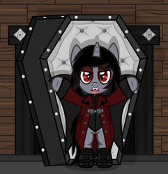 Size: 1644x1705 | Tagged: safe, artist:lightningbolt, derpibooru exclusive, pony, undead, unicorn, vampire, g4, .svg available, bipedal, blood, boots, cape, clothes, coffin, costume, disguise, disguised siren, eyeliner, eyeshadow, fangs, horn, jacket, kellin quinn, lidded eyes, looking at you, makeup, male, open mouth, ponified, shoes, show accurate, sleeping with sirens, slit pupils, solo, svg, tongue out, vector
