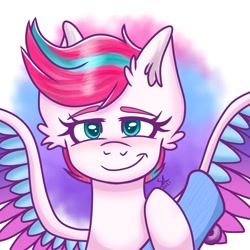 Size: 1280x1280 | Tagged: safe, artist:galaxy swirl, zipp storm, pegasus, pony, g5, my little pony: a new generation, abstract background, bust, female, front view, full face view, hoof hold, looking at you, mare, skateboard, smiling, solo, spread wings, wings