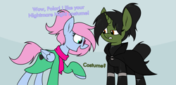 Size: 2025x980 | Tagged: safe, artist:moonatik, oc, oc only, oc:grim fate, unnamed oc, pegasus, pony, unicorn, abstract background, boots, cape, clothes, costume, deltarune, female, horn, mare, nightmare night costume, pegasus oc, ponytail, ralsei, scarf, shoes, unicorn oc