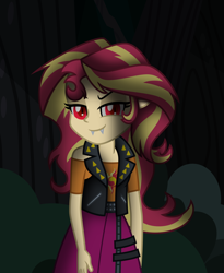 Size: 4600x5600 | Tagged: safe, artist:emeraldblast63, sunset shimmer, undead, vampire, equestria girls, g4, clothes, costume, fangs, female, red eyes, slit pupils, solo, vampire shimmer, vest