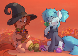 Size: 1949x1405 | Tagged: safe, artist:rexyseven, oc, oc only, oc:rusty gears, oc:whispy slippers, earth pony, pony, candy, clothes, cute, female, food, glasses, hat, lollipop, mare, socks, striped socks, sweater, witch hat