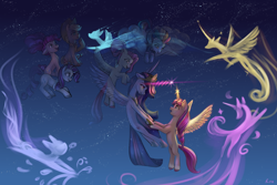 Size: 9000x6000 | Tagged: safe, artist:roadsleadme, applejack, fluttershy, pinkie pie, rainbow dash, rarity, sunny starscout, twilight sparkle, alicorn, earth pony, pegasus, pony, unicorn, g5, my little pony: a new generation, the last problem, spoiler:my little pony: a new generation, absurd file size, absurd resolution, artificial wings, augmented, glowing, glowing horn, horn, magic, magic horn, magic wings, mane six, older, older applejack, older fluttershy, older mane six, older pinkie pie, older rainbow dash, older rarity, older twilight, open mouth, princess twilight 2.0, race swap, sunny and her heroine, sunnycorn, twilight sparkle (alicorn), wings