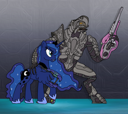 Size: 1600x1420 | Tagged: safe, alternate version, artist:jacalope, artist:white-eyed vireo, color edit, edit, princess luna, alicorn, alien, pony, g4, arbiter, colored, covenant carbine, crossover, elite, energy sword, energy weapon, female, gun, halo (series), mare, plasma grenade, plasma rifle, serious, serious face, video game crossover, weapon, wing hands, wings