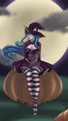 Size: 1024x1816 | Tagged: safe, artist:bunnynha, izzy moonbow, unicorn, anthro, g5, my little pony: a new generation, breasts, busty izzy moonbow, cleavage, clothes, costume, deviantart watermark, female, full moon, halloween, halloween costume, hat, holiday, moon, obtrusive watermark, pumpkin, socks, solo, stocking feet, stockings, striped socks, thigh highs, watermark, witch costume, witch hat