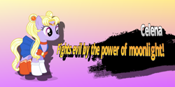 Size: 2160x1080 | Tagged: safe, artist:pagiepoppie12345, celena, earth pony, pony, g4, female, magical pony, meme, sailor moon, sailor moon (series), smiling, splash art, super smash bros.