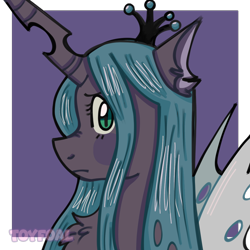 Size: 1000x1000 | Tagged: safe, artist:toyfoal, queen chrysalis, changeling, changeling queen, g4, bust, chest fluff, female, looking at you, portrait, profile, simple background, solo, spread wings, stray strand, wings