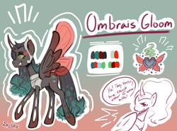 Size: 4048x3000 | Tagged: safe, artist:scribleydoodles, king sombra, nightmare moon, queen chrysalis, oc, changeling, changeling queen, pony, unicorn, g4, butterfly wings, changeling oc, color palette, commissioner:bigonionbean, crown, cutie mark, ethereal mane, ethereal tail, female, fusion, horn, jewelry, magic, mare, queen umbra, reference sheet, regalia, rule 63, tail, wings, writer:bigonionbean