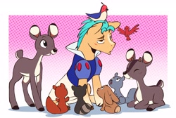Size: 4096x2755 | Tagged: safe, artist:chub-wub, hitch trailblazer, bird, deer, earth pony, pony, rabbit, raccoon, squirrel, g5, my little pony: a new generation, animal, blushing, clothes, cosplay, costume, critter magnet, crossdressing, cute, disney, disney princess, dress, eyebrows, eyebrows visible through hair, funny, funny as hell, high res, hitch trailblazer is not amused, hitchbetes, male, snow white, snow white and the seven dwarfs, solo, stallion, unamused