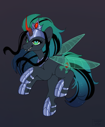 Size: 2977x3578 | Tagged: safe, artist:sugarstar, oc, oc only, oc:empress sacer malum, hybrid, pony, unicorn, angry, armor, changeling oc, changeling queen oc, commissioner:bigonionbean, curved horn, cutie mark, ethereal hair, ethereal mane, ethereal tail, female, fusion, fusion:king sombra, fusion:nightmare moon, fusion:queen chrysalis, high res, horn, magic, mare, parent:king sombra, parent:nightmare moon, parent:princess luna, parent:queen chrysalis, solo, tail, unicorn oc, wings, writer:bigonionbean