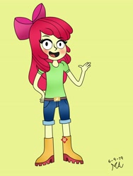 Size: 3072x4096 | Tagged: safe, artist:mraragn1, apple bloom, equestria girls, g4, blushing, female, simple background, solo, yellow background