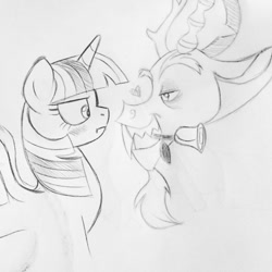 Size: 1080x1080 | Tagged: safe, artist:mjstoakes, discord, twilight sparkle, alicorn, draconequus, pony, g4, blushing, drawing, fangs, female, flower, grayscale, heart, male, monochrome, rose, sharp teeth, ship:discolight, shipping, show accurate, sketch, straight, teeth, traditional art, tsundere, twilight sparkle (alicorn)