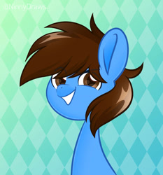 Size: 863x926 | Tagged: safe, artist:ninnydraws, oc, oc only, oc:pegasusgamer, earth pony, pony, bust, looking at you, simple background, smiling, smirk, solo