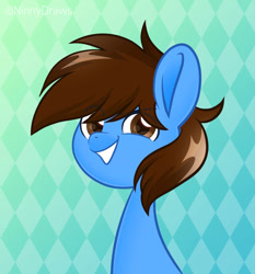 Size: 863x926 | Tagged: safe, artist:ninnydraws, oc, oc only, oc:pegasusgamer, earth pony, pony, bust, eye clipping through hair, looking at you, simple background, smiling, smirk, solo