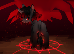 Size: 1912x1396 | Tagged: safe, artist:mandumustbasukanemen, oc, oc only, oc:ada, pony, unicorn, abstract background, bedroom eyes, black and red mane, butt, d'lirium, demon eyes, female, looking at you, looking back, looking back at you, mare, pentagram, plot, rear view, red eyes, solo, tail, unshorn fetlocks