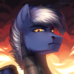 Size: 2000x2000 | Tagged: safe, artist:fenwaru, oc, oc only, oc:maverick, oc:squall splitter, pegasus, pony, fallout equestria, angry, armor, blood, bust, fire, high res, male, portrait, proud, solo, stallion