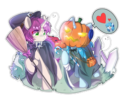 Size: 4196x3302 | Tagged: safe, artist:yaya, oc, oc only, oc:otakulight, oc:wubu, ghost, undead, broom, candy, candy cane, cape, clothes, fence, food, halloween, hat, holiday, jack-o-lantern, pumpkin, simple background, transparent background, witch costume, witch hat