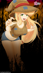 Size: 593x1000 | Tagged: safe, artist:clouddg, applejack, equestria girls, g4, belly button, breasts, busty applejack, clothes, costume, daisy dukes, female, freckles, halloween, halloween costume, holiday, looking at you, midriff, multiple variants, open mouth, scarecrow, shorts, solo