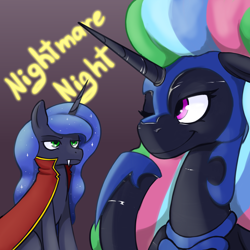 Size: 2480x2480 | Tagged: safe, artist:wild-thunder06, nightmare moon, princess celestia, princess luna, alicorn, pony, undead, vampire, g4, clothes, costume, fangs, high res, luna is not amused, nightmare night, one eye closed, royal sisters, siblings, sisters, smiling, unamused, wink