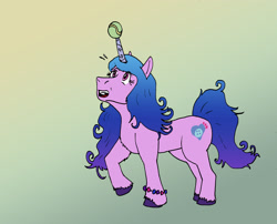 Size: 2462x1992 | Tagged: safe, artist:wolfman-al, izzy moonbow, pony, unicorn, g5, my little pony: a new generation, ball, bracelet, female, gradient background, horn, hornball, izzy's tennis ball, jewelry, looking up, open mouth, raised hoof, simple background, solo, tennis ball, unshorn fetlocks