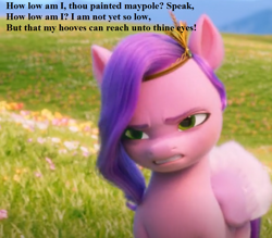Size: 896x784 | Tagged: safe, edit, edited screencap, editor:korora, screencap, pipp petals, pegasus, pony, g5, my little pony: a new generation, spoiler:my little pony: a new generation, a midsummer night's dream, angry, cropped, crown, female, jewelry, pipp is short, pipp petals is not amused, regalia, unamused, william shakespeare