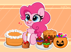 Size: 4096x2989 | Tagged: safe, artist:kittyrosie, pinkie pie, earth pony, pony, g4, blushing, cake, candy, chest fluff, chocolate, cookie, cute, diapinkes, ear fluff, female, floating heart, food, halloween, heart, heart eyes, high res, holiday, icing bag, icing on nose, kittyrosie is trying to murder us, pumpkin bucket, redraw, solo, tongue out, wingding eyes