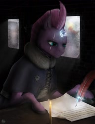 Size: 2500x3250 | Tagged: safe, artist:adept_fluttershy, tempest shadow, pony, unicorn, g4, broken horn, clothes, crossover, dark, eye scar, female, flag, frostpunk, glass, high res, horn, ice, mare, no armor, order, pen, ponified, post-apocalyptic, scar, snow, solo, winter, winter clothes