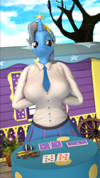 Size: 2160x3840 | Tagged: safe, artist:silkworm205, derpibooru exclusive, trixie, unicorn, anthro, g4, 3d, big breasts, big crown thingy, blackjack, breasts, busty trixie, cheating, clothes, crown, deck of cards, dress shirt, element of magic, female, hands behind back, high res, jewelry, key, looking at you, necktie, poker chips, regalia, revamped anthros, skeleton key, skirt, smug, source filmmaker, trixie day, trixie's wagon, wagon, wheel