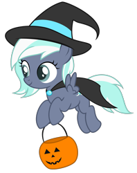 Size: 2750x3480 | Tagged: safe, artist:strategypony, oc, oc only, oc:selene star, pegasus, pony, cape, clothes, costume, female, filly, flying, halloween, halloween costume, hat, high res, holiday, jack-o-lantern, ponytober, pumpkin, pumpkin bucket, simple background, transparent background, trick or treat, two toned mane, witch costume, witch hat
