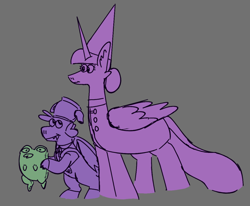 Size: 1566x1292 | Tagged: safe, artist:tezzbot, spike, twilight sparkle, alicorn, dragon, frog, pony, g4, clothes, costume, duo, female, gray background, halloween, halloween costume, male, mare, over the garden wall, simple background, twilight sparkle (alicorn), winged spike, wings