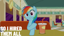 Size: 1280x720 | Tagged: safe, edit, edited screencap, editor:quoterific, screencap, honey curls, mare e. lynn, rainbow dash, earth pony, pegasus, pony, g4, season 6, the saddle row review, booth, diner, female, mare, smiling, solo focus
