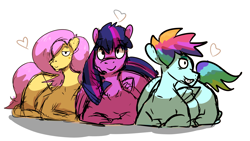 Size: 1316x744 | Tagged: safe, artist:azulejo, fluttershy, rainbow dash, twilight sparkle, alicorn, pegasus, pony, g4, female, heart, looking at you, mare, mlp fim's eleventh anniversary, ponyloaf, simple background, sketch, smiling, twilight sparkle (alicorn), white background