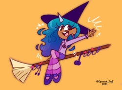 Size: 1132x832 | Tagged: safe, artist:opossum-stuff, izzy moonbow, human, g5, my little pony: a new generation, broom, clothes, cute, dark skin, dreamcatcher, ear piercing, earring, female, flying, flying broomstick, halloween, hat, heart, holiday, horn, horned humanization, humanized, izzybetes, jewelry, open mouth, orange background, piercing, simple background, sitting, socks, solo, striped socks, witch, witch hat