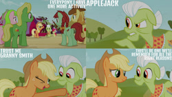 Size: 1280x720 | Tagged: safe, edit, edited screencap, editor:quoterific, screencap, apple bloom, applejack, braeburn, candy apples, granny smith, red gala, wensley, earth pony, pony, apple family reunion, g4, season 3, apple bloom's bow, apple family member, applejack's hat, bow, butt, cowboy hat, female, filly, floppy ears, hair bow, hat, male, mare, one eye closed, open mouth, open smile, plot, smiling, stallion, wink