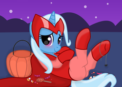 Size: 1200x850 | Tagged: safe, artist:grapefruit-face, derpibooru exclusive, trixie, pony, g4, base used, blushing, candy, cape, clothes, cosplay, costume, embarrassed, female, food, halloween, holiday, looking at you, nightmare night, pumpkin bucket, scarlet witch, screaming, show accurate, wandavision