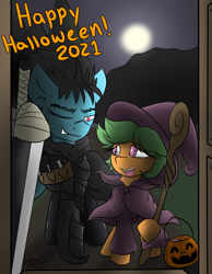 Size: 1400x1800 | Tagged: safe, artist:kingkrail, rainbow dash, scootaloo, pegasus, pony, g4, armor, berserk, candy, clothes, cosplay, costume, female, filly, food, giant sword, halloween, halloween costume, hat, holiday, mare, offscreen character, one eye closed, pov, trick or treat, witch hat