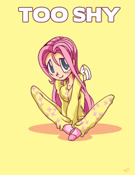 Size: 2496x3228 | Tagged: safe, artist:brandon santiago, fluttershy, human, g4, breasts, clothes, female, high res, humanized, looking at you, no pupils, pajamas, pink socks, simple background, sitting, smiling, smiling at you, socks, solo, stocking feet, text, winged humanization, wings, yellow background