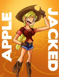 Size: 1248x1614 | Tagged: safe, artist:brandon santiago, applejack, human, g4, boots, breasts, busty applejack, cleavage, clothes, denim shorts, female, humanized, one eye closed, open mouth, shoes, shorts, solo, text, wink