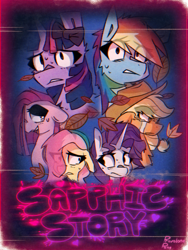 Size: 1050x1400 | Tagged: safe, artist:provolonepone, applejack, fluttershy, pinkie pie, rainbow dash, rarity, twilight sparkle, earth pony, pegasus, pony, unicorn, comic:sapphic story, g4, bow, chromatic aberration, clothes, comic, hair over one eye, headband, leaves, mane six, pinkamena diane pie, sad